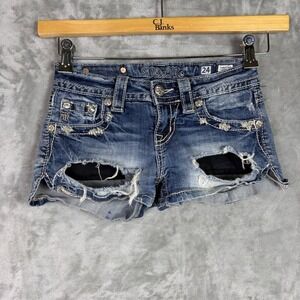 Miss Me Micro Jean Shorts 24 Distressed Fleur De Lis Rhinestone Blue JE8139H